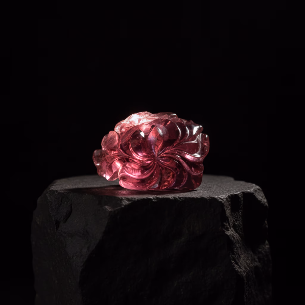 Pamir Rose, a 285-carat carved pink spinel from the Kuh-i-Lal mine, displayed on a black stone pedestal