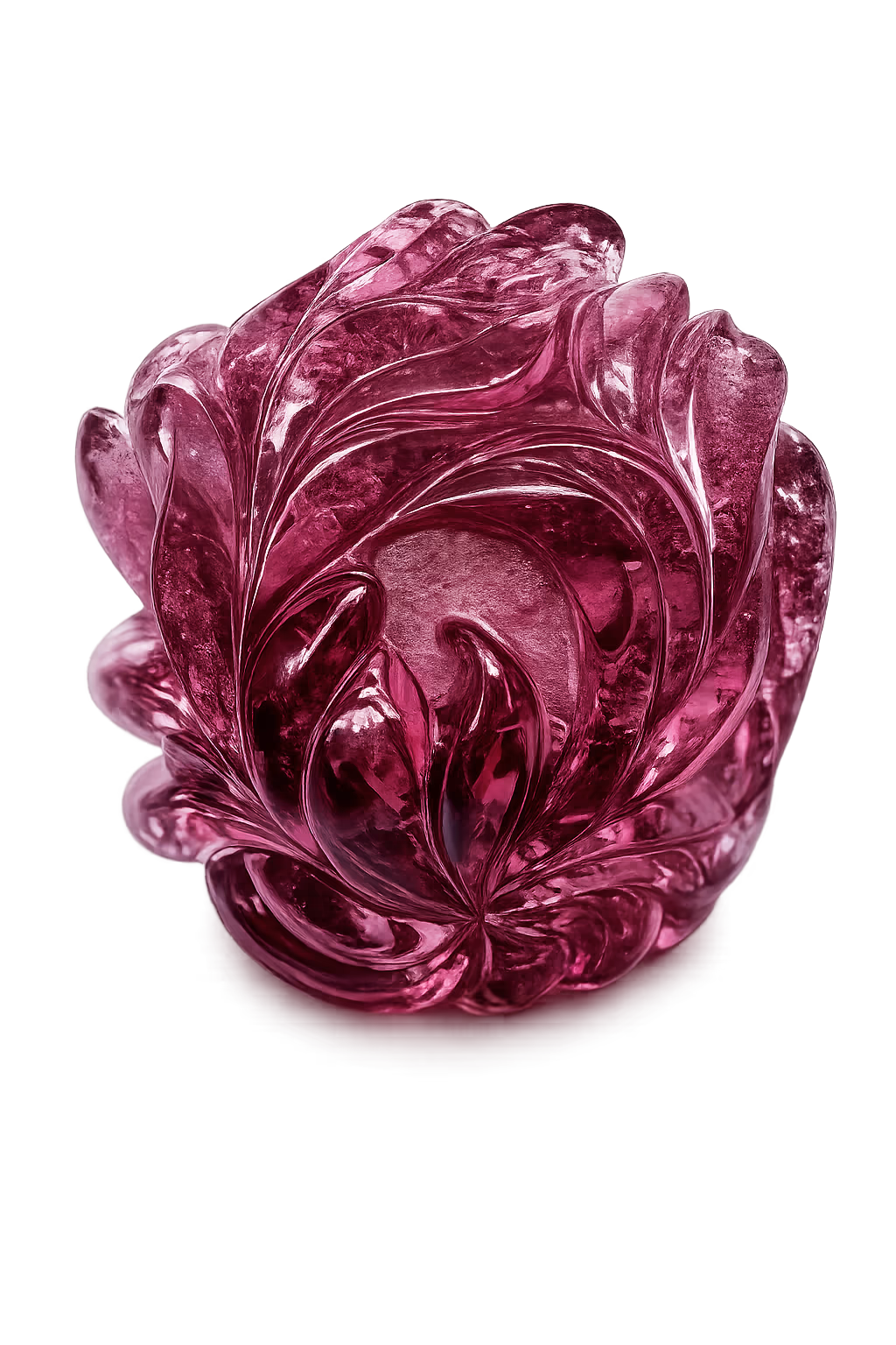 The Pamir Rose, close: the leaf-and-flower carving around its transparent pink core